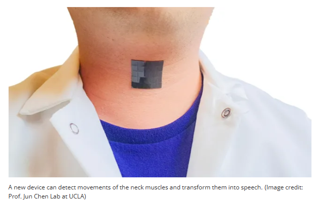A person with a small square on their neck

Description automatically generated