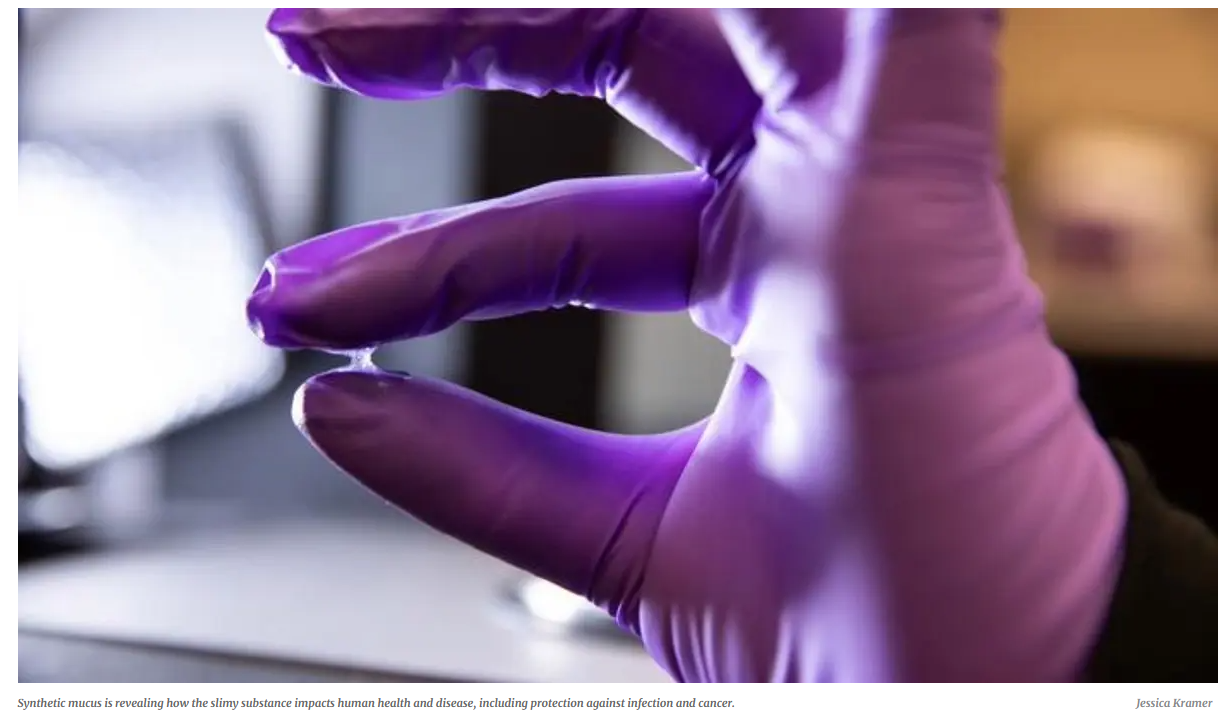 A hand in a purple glove holding a drop of liquid

Description automatically generated
